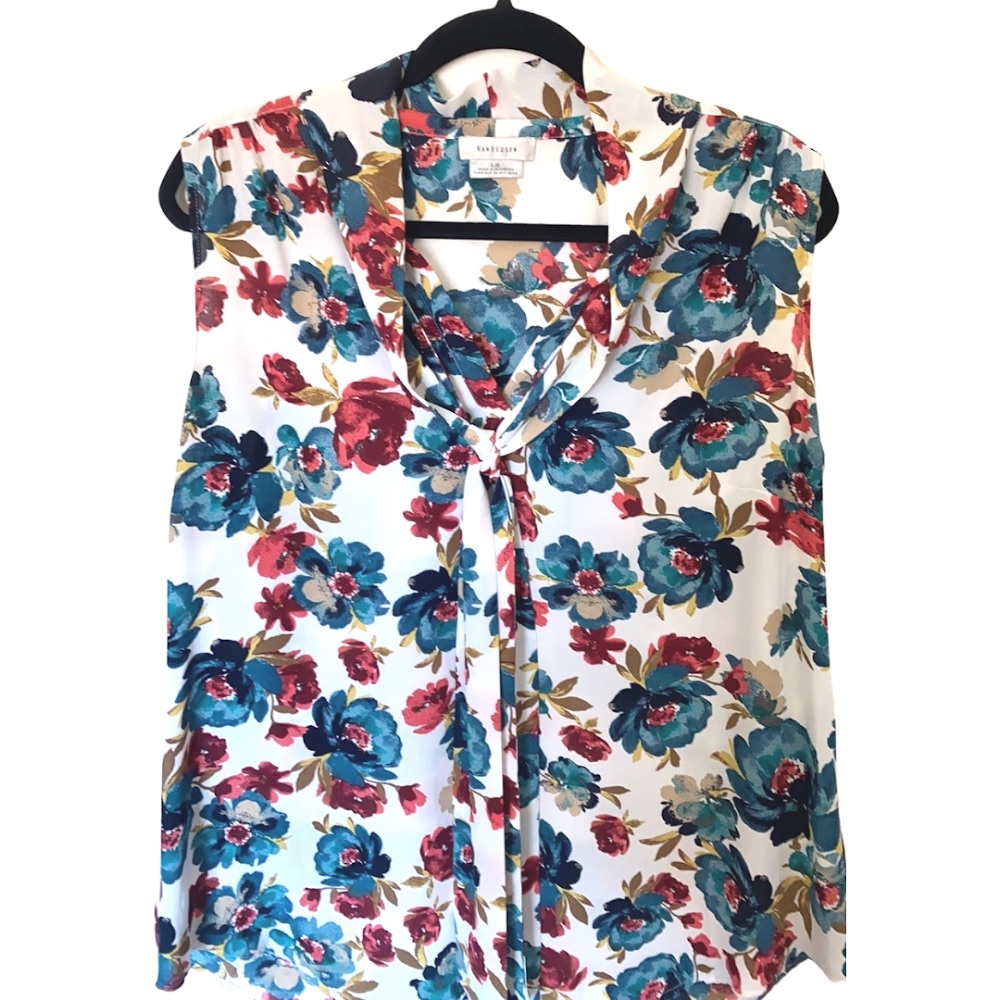 Van Heusen | White & Floral Sleeveless Blouse w/ Front Tie | Size L - Picture 2 of 3